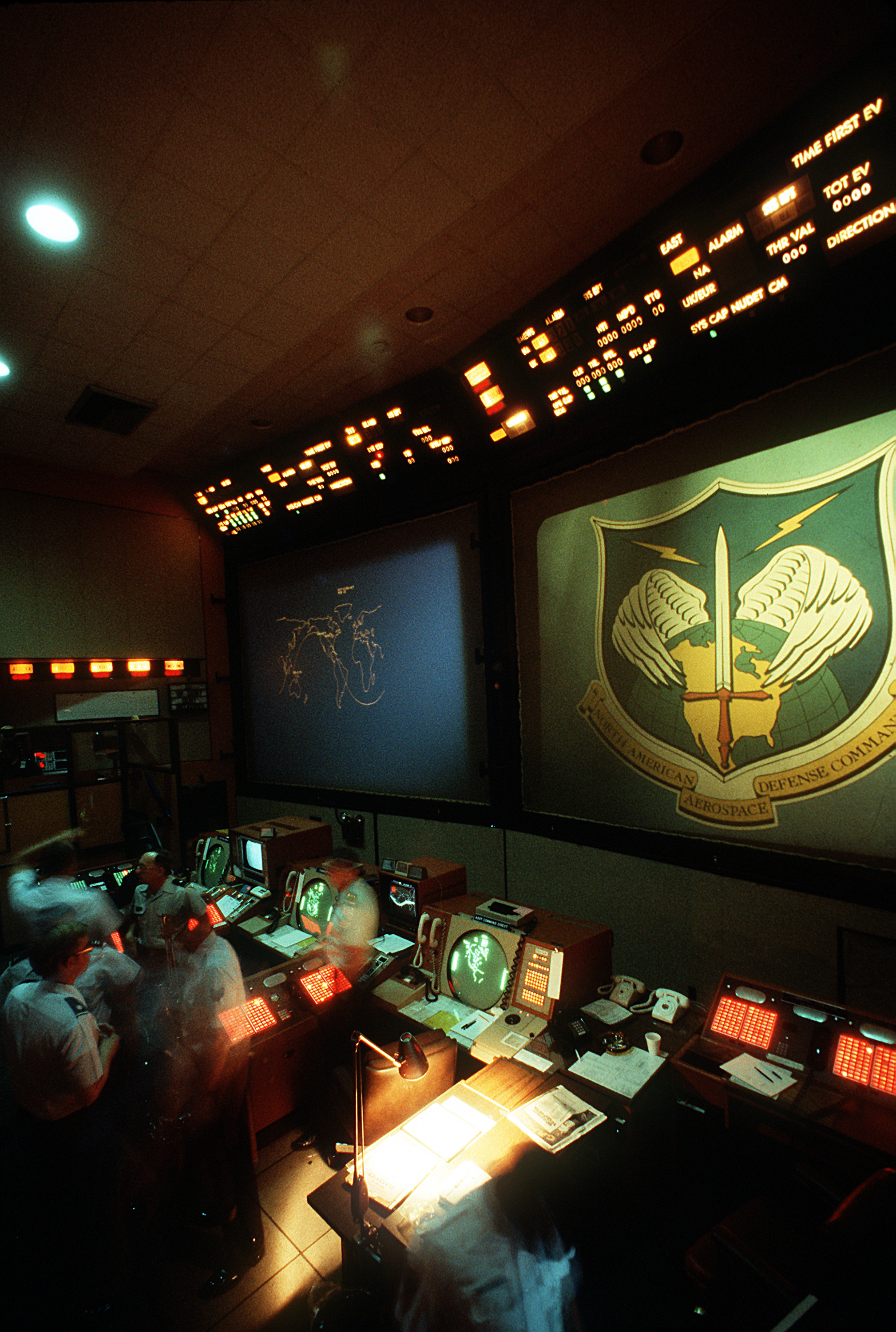 Interior of the NORAD command post inside Cheyenne Mountain, banks of consoles and screens